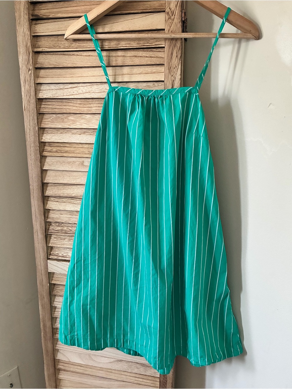 Green White Striped Cotton Tie Back Mini Dress with Pockets Boho Size Small